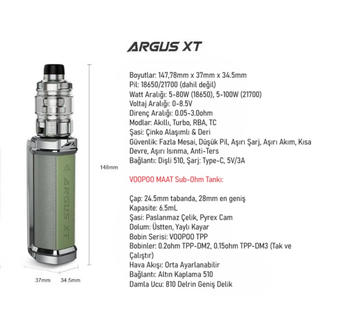 Voopoo Argus XT, Voopoo Arkus XT, Voopoo Arkuz XT, Voopoo ArgusXT, Özellikleri, Parametreleri