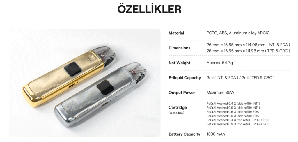 Uwell CaliburnG4 Parametreleri
