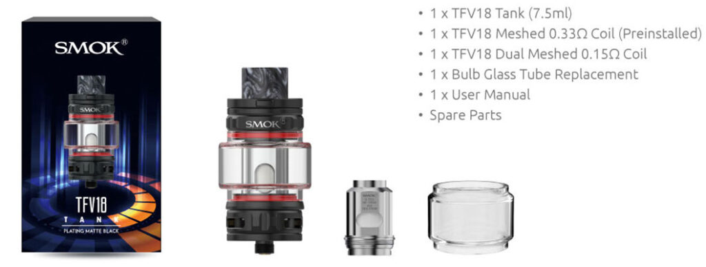 Smok Tfv18 Tank Atomizer 7.5 ml Kutu İçeriği, Smok Tfv 18 Tank Atomizer 7.5 ml Kutu İçeriği
