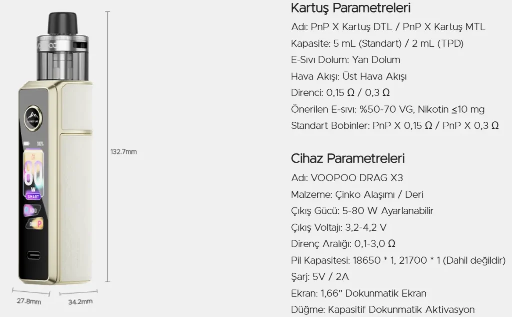Voopoo Drag X3 Parametreleri, Voopoo DragX3 Parametreleri