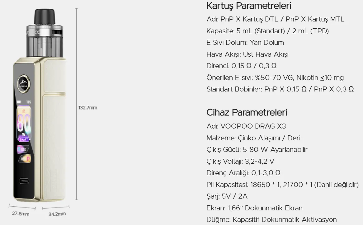 Voopoo Drag X3 Parametreleri, Voopoo DragX3 Parametreleri
