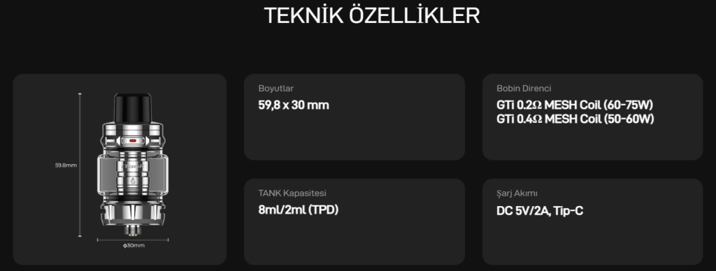 Vaporesso iTank 2 Atomizer Teknik Özellikleri