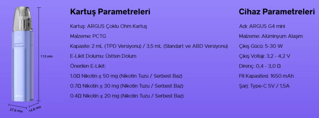 Voopoo Argus G4 Mini Parametreleri