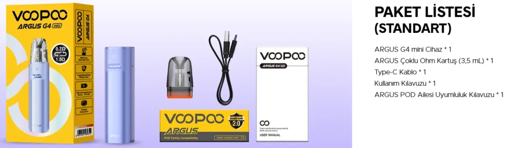 Voopoo Argus G4 Mini Pod Kutu İçeriği